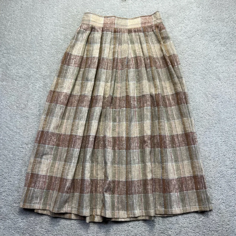 VINTAGE Louben Midi Skirt Womens Size 13/14 Brown Tan Plaid Pleated Linen Blend